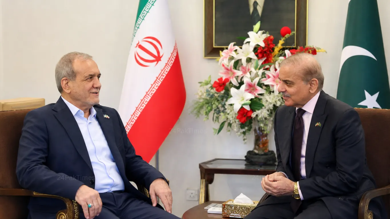 Iranian President Pezeshkian with PM Shehbaz at delegation-level talks in Islamabad discussing Pezeshkian visit outcomes