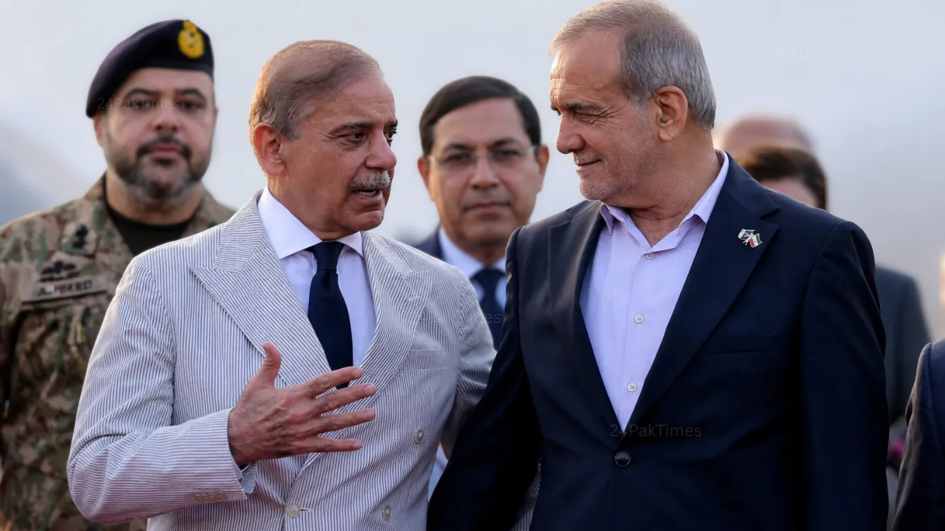 Iranian President Pezeshkian with PM Shehbaz at delegation-level talks in Islamabad discussing Pezeshkian visit outcomes