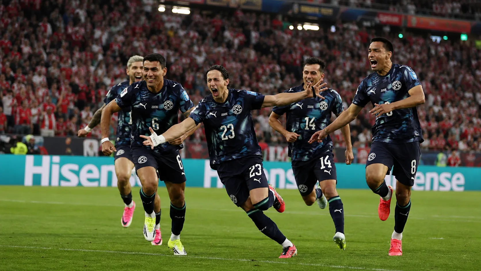 Paraguay players celebrate after Matias Galarza scores winning goal against Türkiye FIFA World Cup 2026