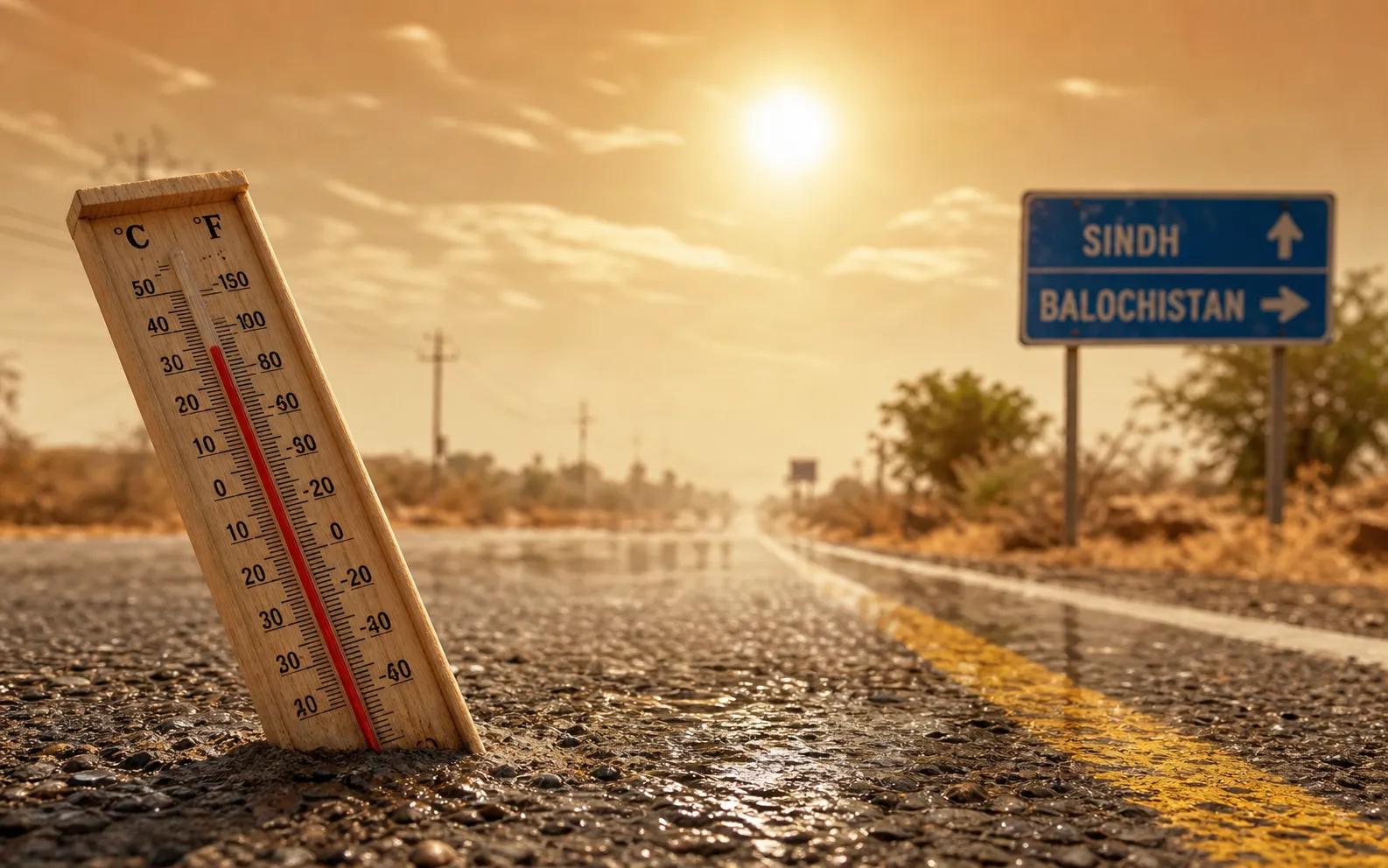 Scorched road in Pakistan heatwave June 2026 with extreme heat haze Sindh Balochistan