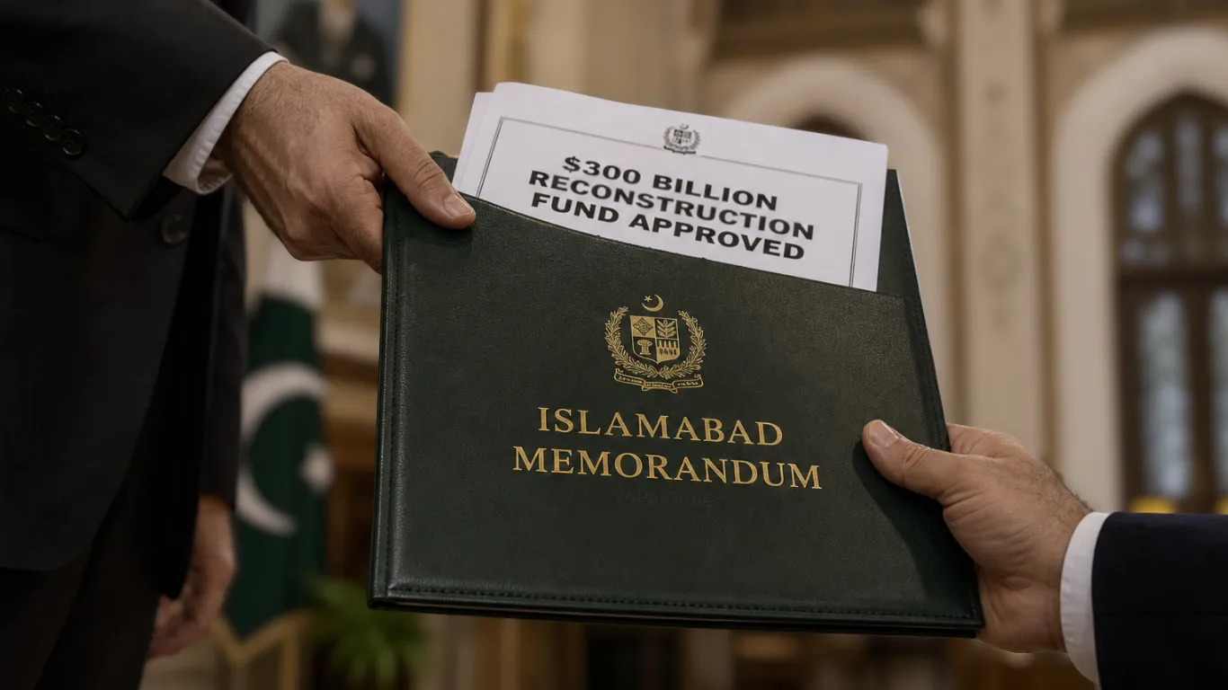 Close-up of the official Islamabad Memorandum folder showing the $300 Billion Reconstruction Fund approved in the released US-Iran deal text.