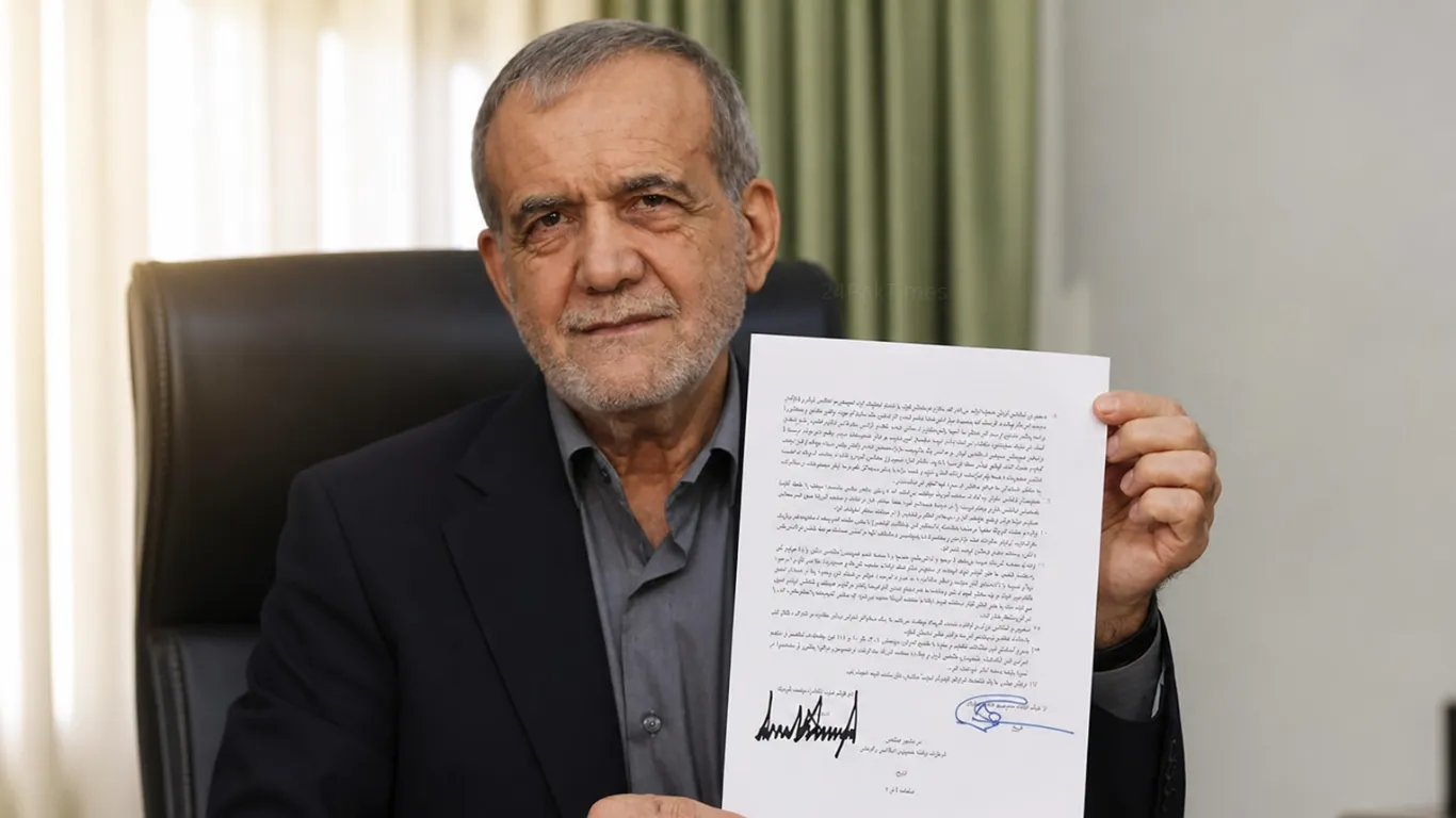 Iranian President Masoud Pezeshkian holds up the signed Islamabad MOU document in Farsi at his office in Tehran, June 17, 2026