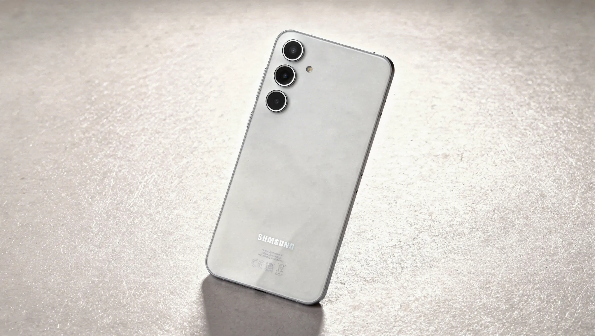 Samsung Galaxy A55 5G in Awesome Iceblue color standing at an angle on a surface, displaying the triple camera system and Samsung branding