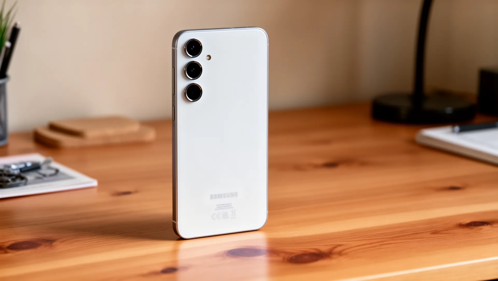 Samsung Galaxy A55 5G in white/Awesome Iceblue standing upright on a wooden desk, showing the triple camera module and slim aluminum frame