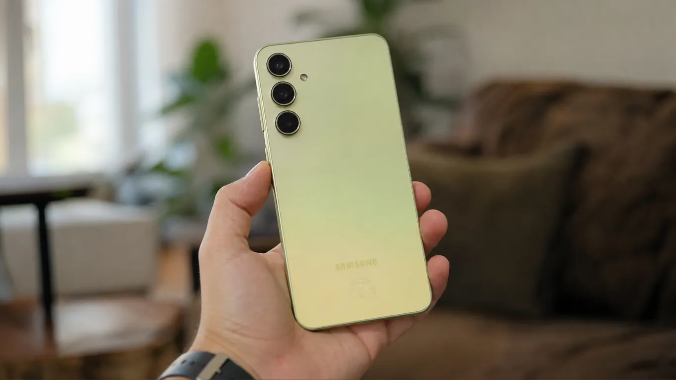 Samsung Galaxy A55 5G in Awesome Lemon color held in hand, showing triple rear camera setup and glass back design