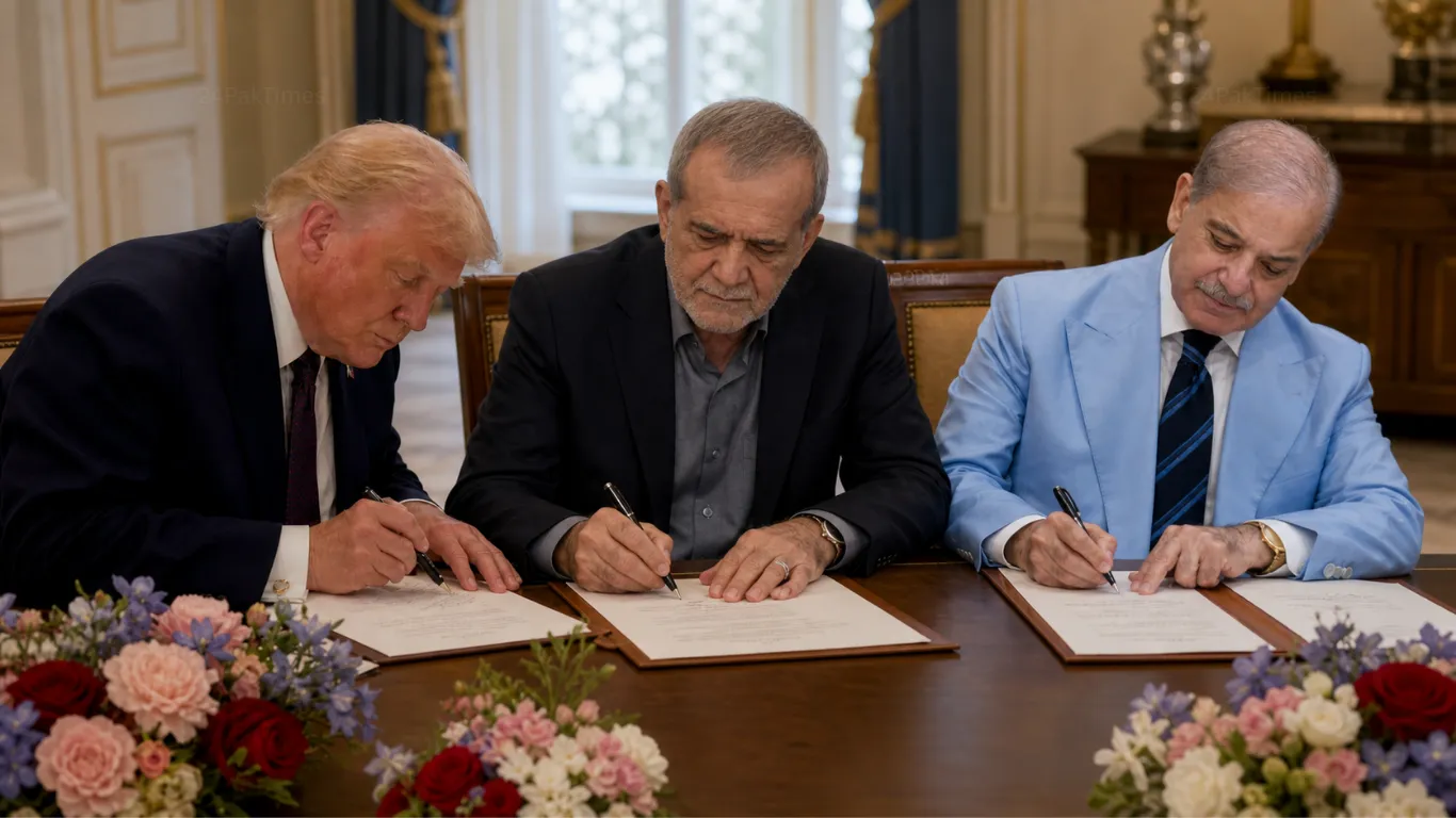 US President Donald Trump, Iranian President Masoud Pezeshkian, and Pakistan PM Shehbaz Sharif sign the Islamabad MOU together at the Palace of Versailles on June 17, 2026