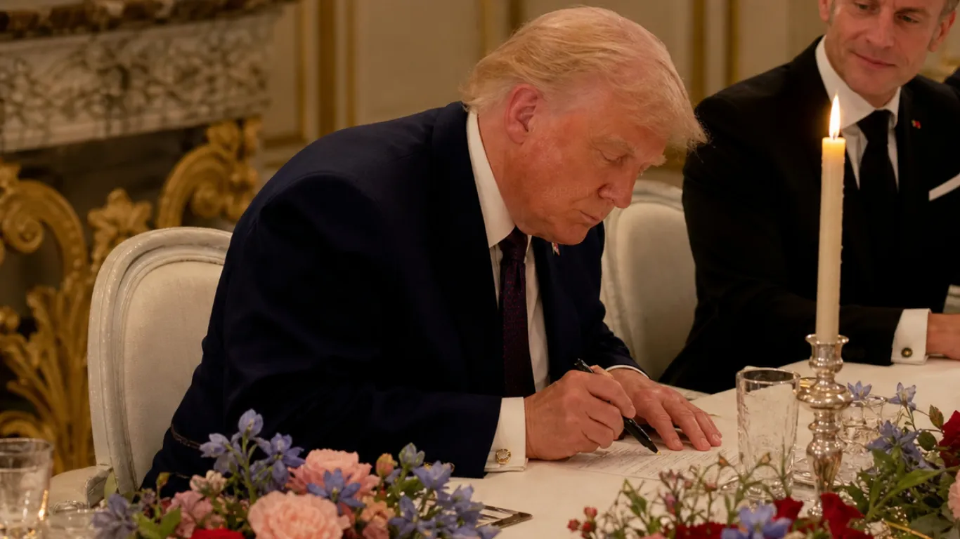 US President Donald Trump signs the US-Iran Islamabad MOU at a dinner table inside the Palace of Versailles, France on June 17, 2026