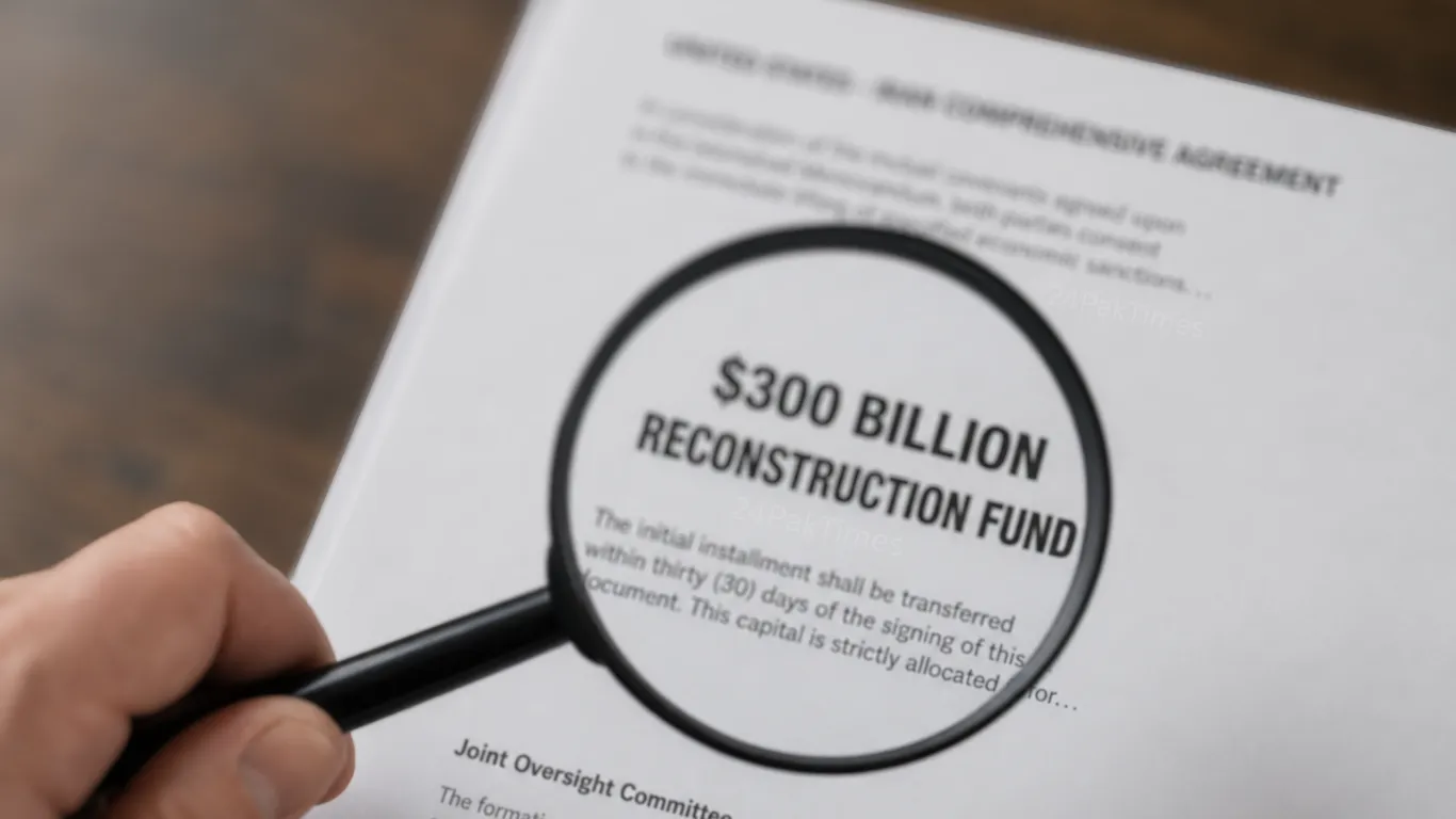 Magnifying glass focusing on the $300 Billion Reconstruction Fund clause in the Iran Deal Text release of the US-Iran Comprehensive Agreement.