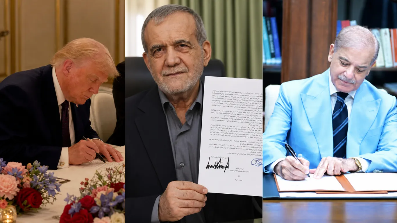 Side-by-side collage showing Trump signing MOU at Versailles, Pezeshkian holding signed Farsi copy in Tehran, and PM Shehbaz Sharif signing in Islamabad — June 2026